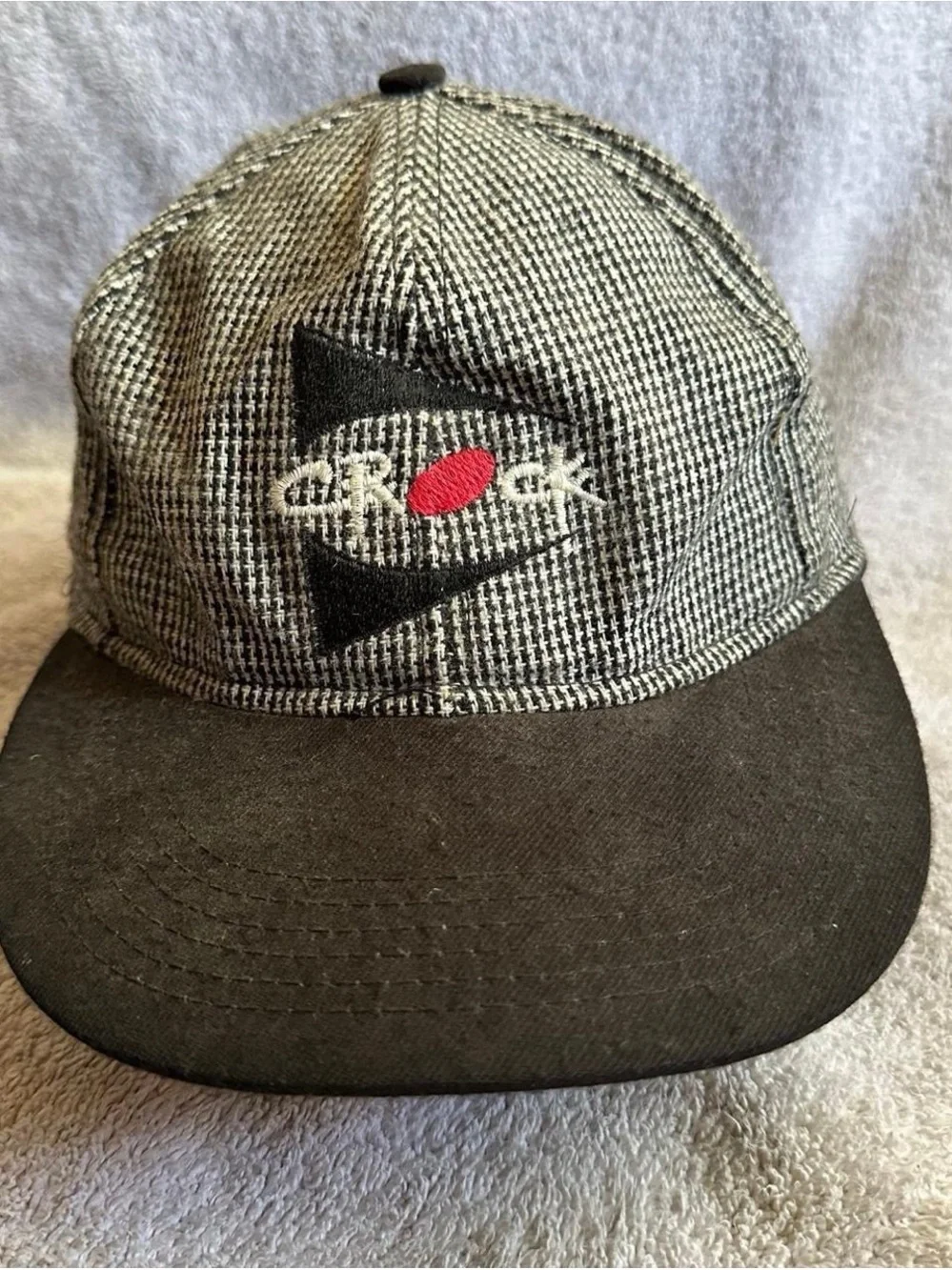 Vintage 1990s Crock Logo Houndstooth Baseball Cap Black & Gray with Red Accent